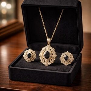 Gold & Black Vintage-Style Pendant Necklace and Earring Set